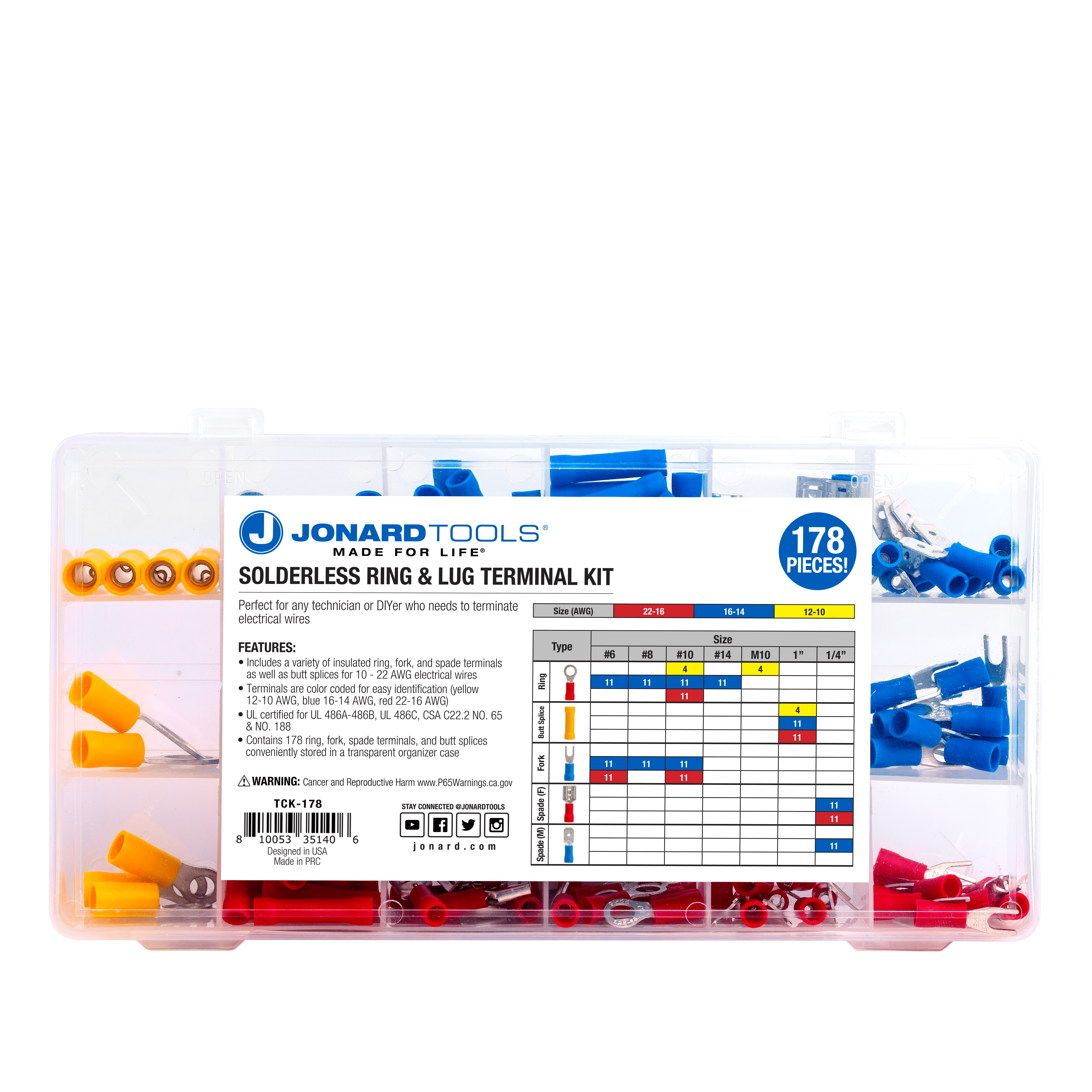 Kit de Terminal de Anillo y Lug sin Soldadura 178 pzas | Jonard Tools | TCK-178