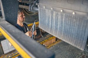 DECuU Un atento conductor barbudo utiliza un instrumento mientras realiza el diagnóstico de un gran automóvil antes del transporte de pasajeros.