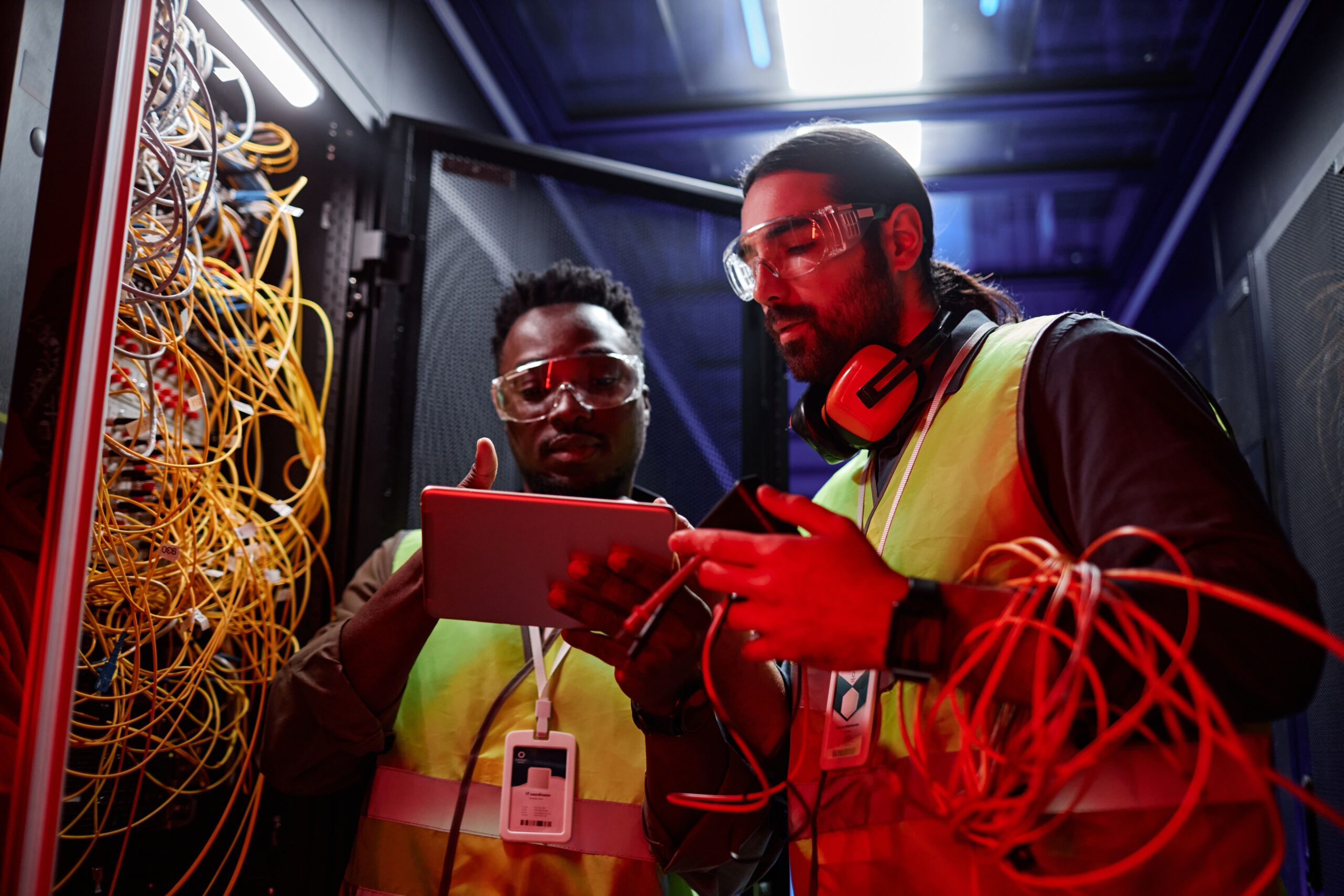 DECU, Retrato de dos técnicos que usan una tableta digital mientras reparan servidores y configuran una red de datos bajo una luz de neón.